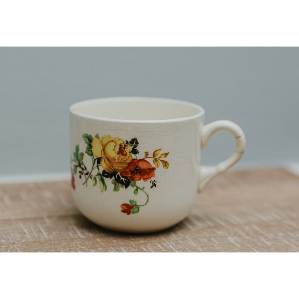 Vintage Small Floral Ceramic Cup Mug Orange Red Flower
